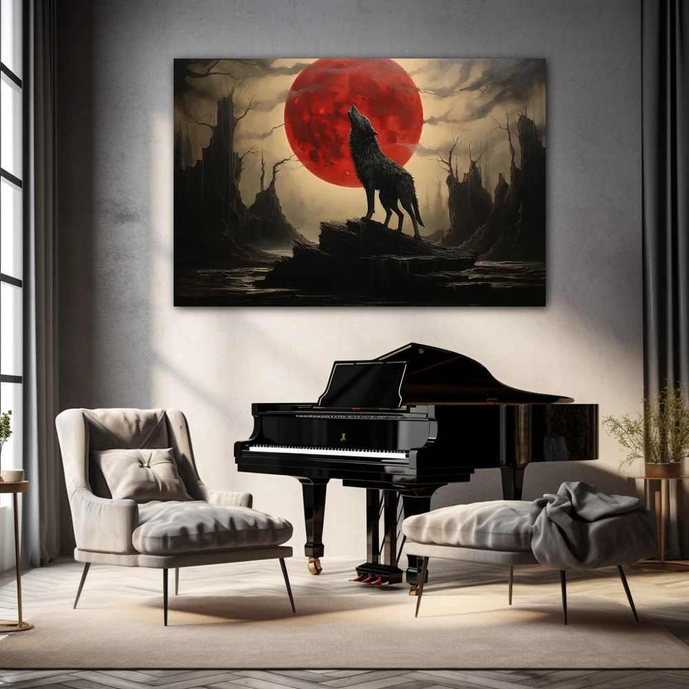 Wall Art titled: Guardian of the Fiery Twilight in a Horizontal format with: Grey, Black, and Red Colors; Decoration the Living Room wall