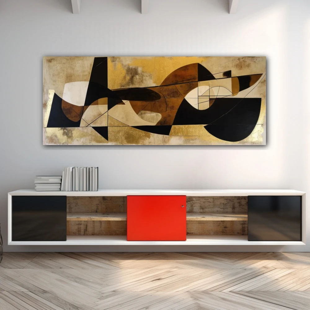 Wall Art titled: Synergy of Lost Forms in a Elongated format with: Golden, Brown, and Beige Colors; Decoration the Sideboard wall