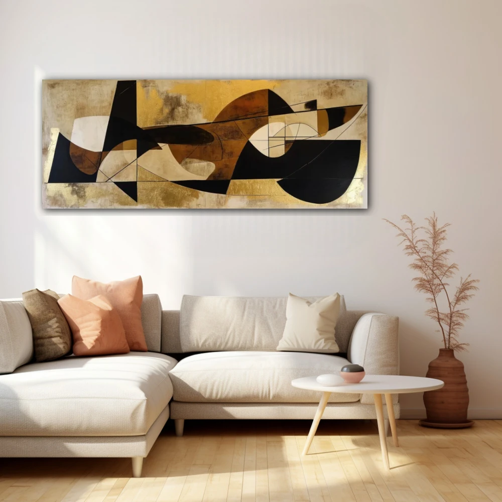 Wall Art titled: Synergy of Lost Forms in a Elongated format with: Golden, Brown, and Beige Colors; Decoration the Beige Wall wall