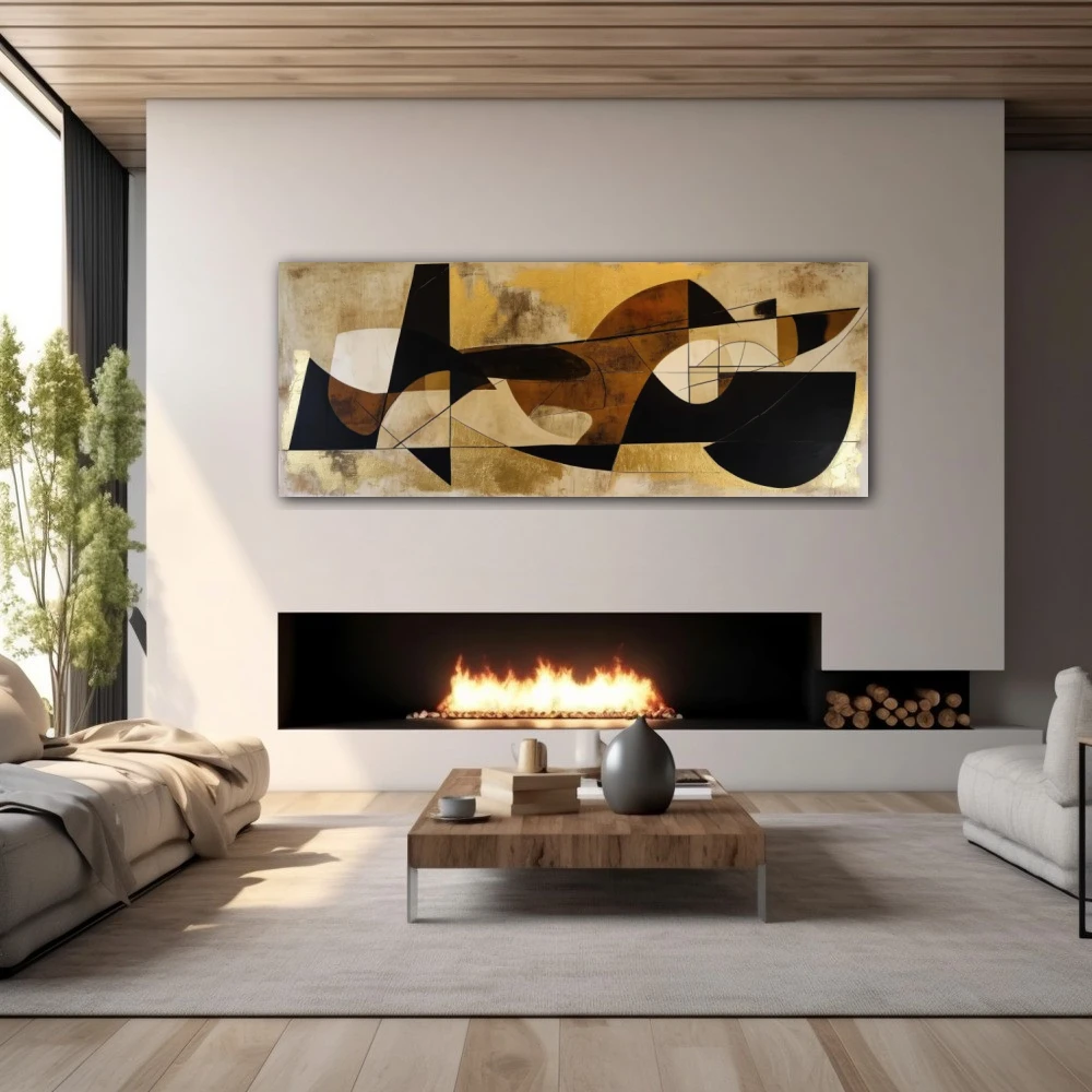 Wall Art titled: Synergy of Lost Forms in a Elongated format with: Golden, Brown, and Beige Colors; Decoration the Fireplace wall