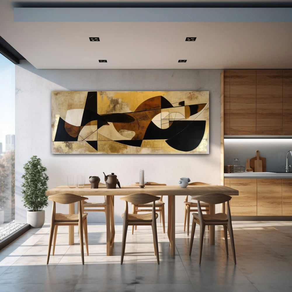 Wall Art titled: Synergy of Lost Forms in a Elongated format with: Golden, Brown, and Beige Colors; Decoration the Kitchen wall