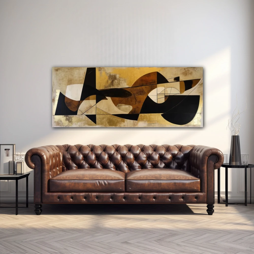 Wall Art titled: Synergy of Lost Forms in a Elongated format with: Golden, Brown, and Beige Colors; Decoration the Above Couch wall