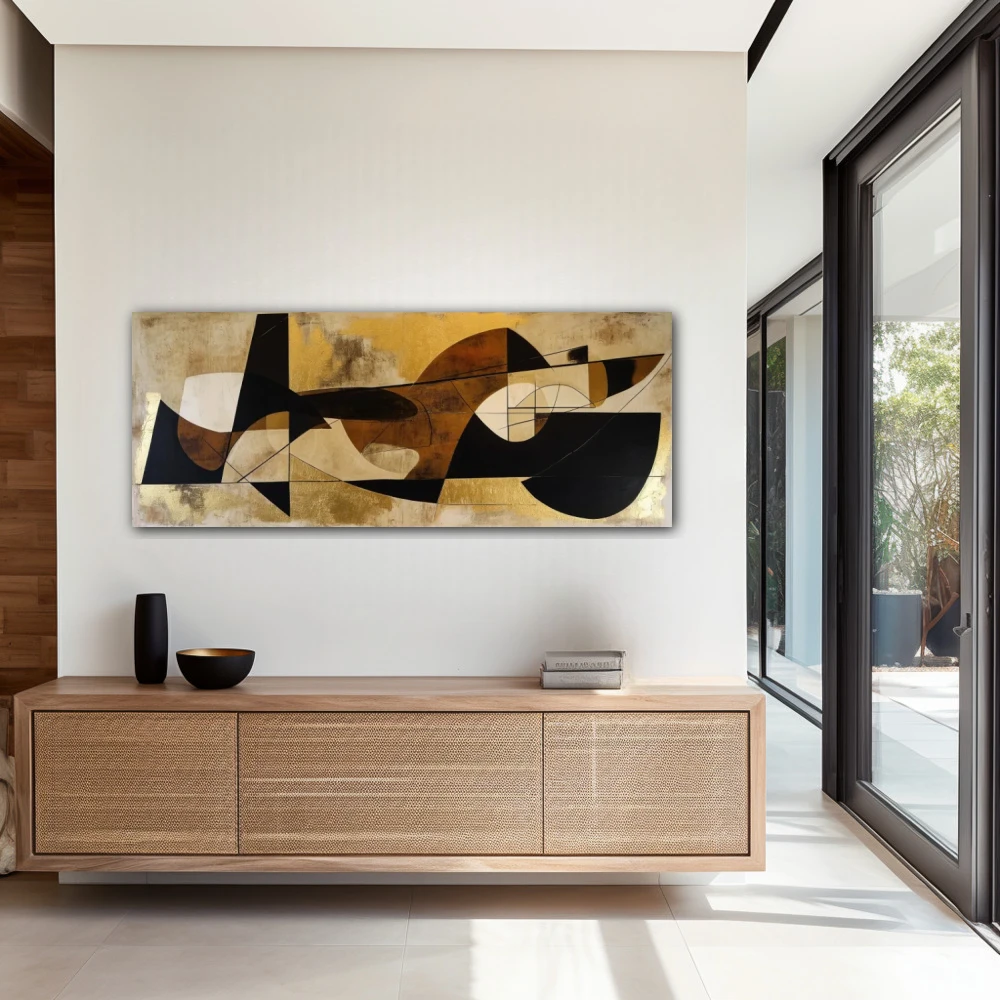 Wall Art titled: Synergy of Lost Forms in a Elongated format with: Golden, Brown, and Beige Colors; Decoration the Entryway wall