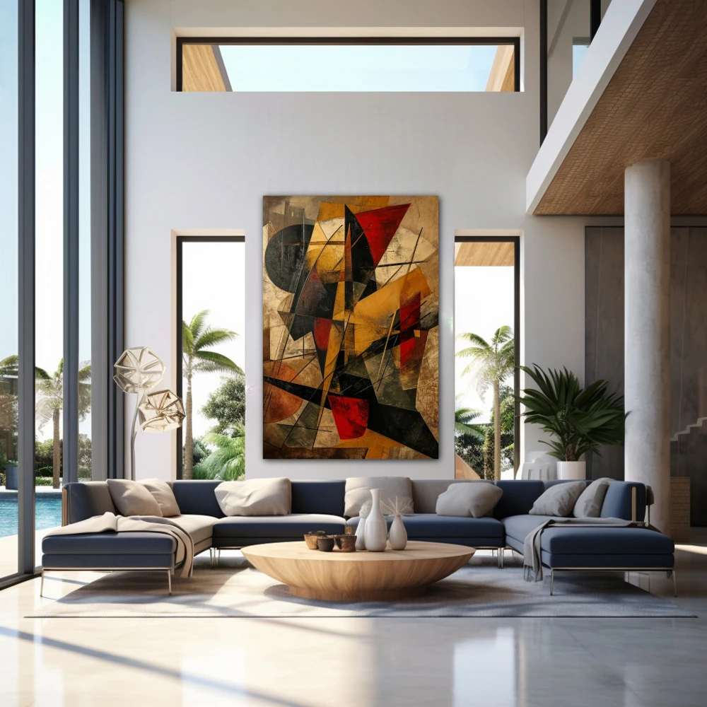 Wall Art titled: Architecture of Time in a Vertical format with: Golden, Brown, and Red Colors; Decoration the Above Couch wall