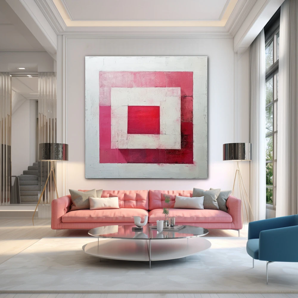 Cuadro cuadrícula emocional en formato cuadrado con colores blanco, rosa; decorando pared de encima del sofá