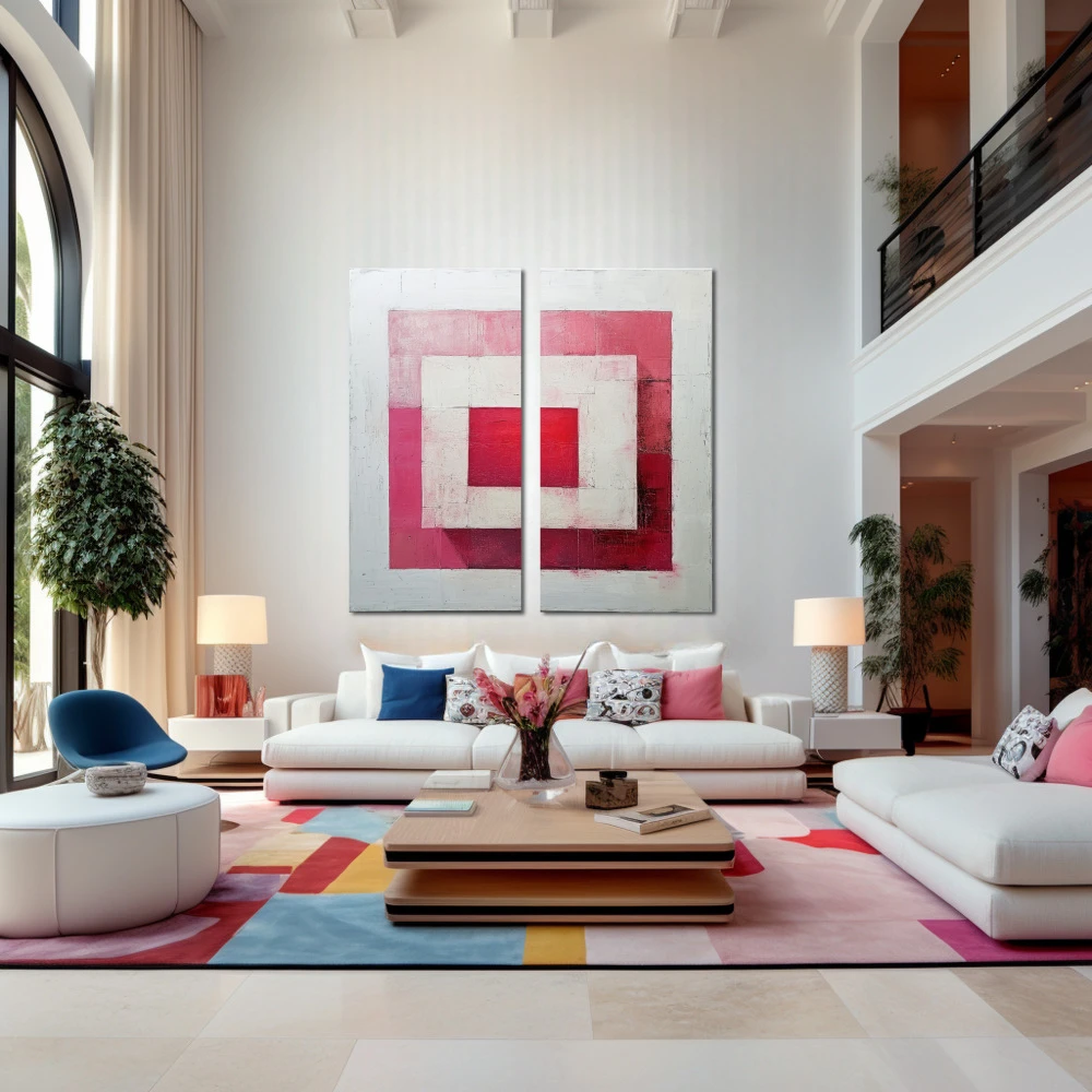 Cuadro cuadrícula emocional en formato díptico con colores blanco, rosa; decorando pared de encima del sofá