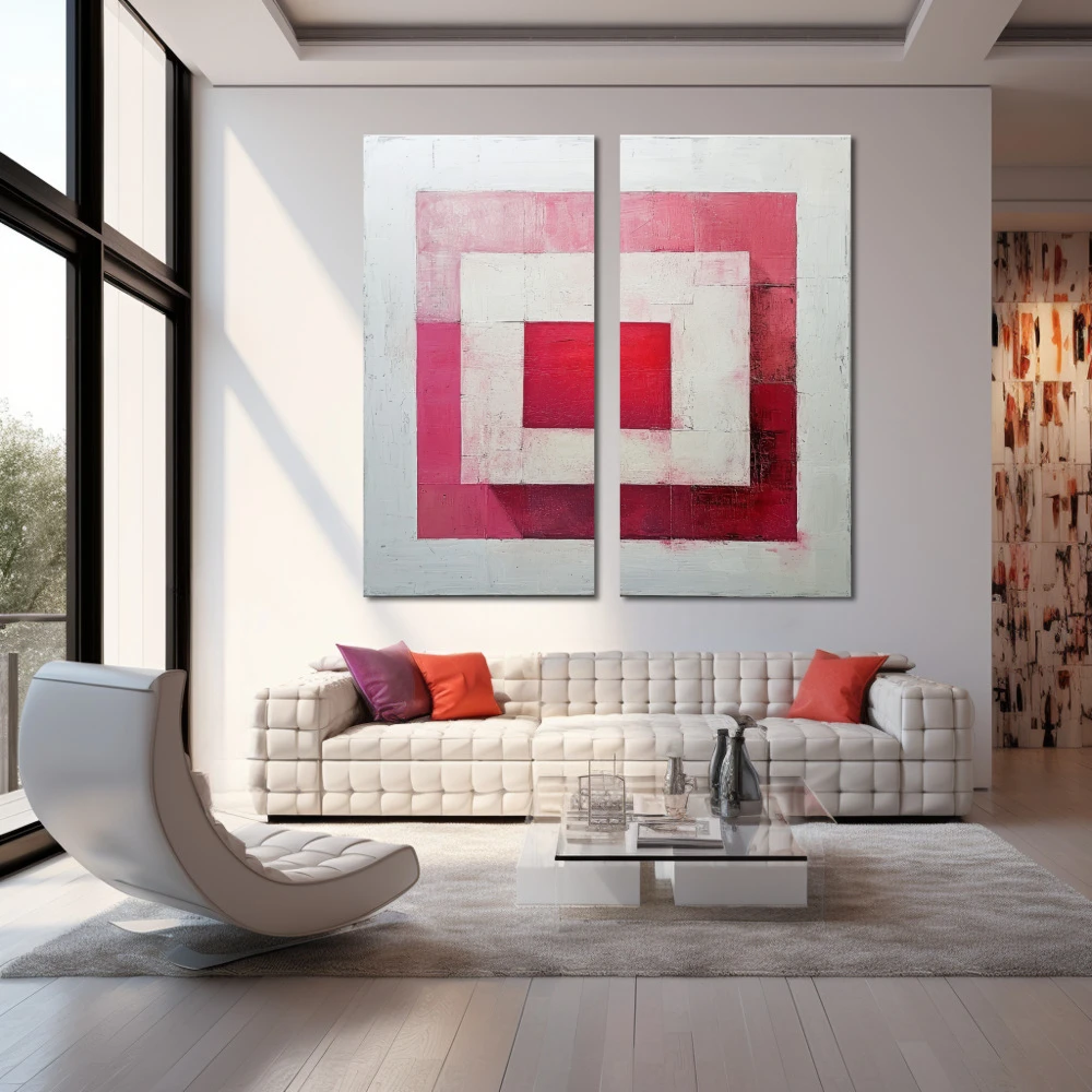 Cuadro cuadrícula emocional en formato díptico con colores blanco, rosa; decorando pared de salón comedor