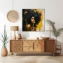Wall Art titled: Piercing Gaze in a Square format with: Mustard, and Black Colors; Decoration the Sideboard wall
