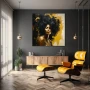 Wall Art titled: Piercing Gaze in a Square format with: Mustard, and Black Colors; Decoration the Barbería wall