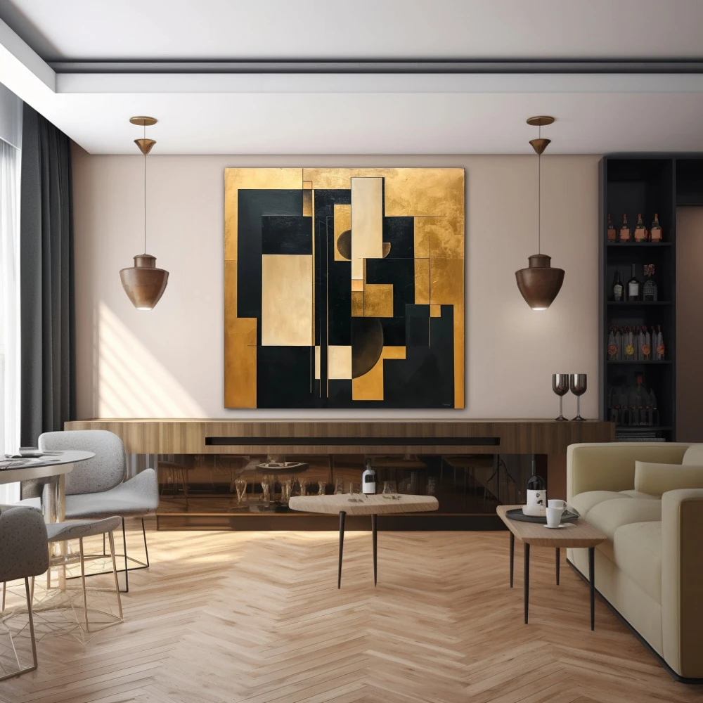 Wall Art titled: Golden Fragments of Eternity in a Square format with: Golden, and Black Colors; Decoration the Bar wall