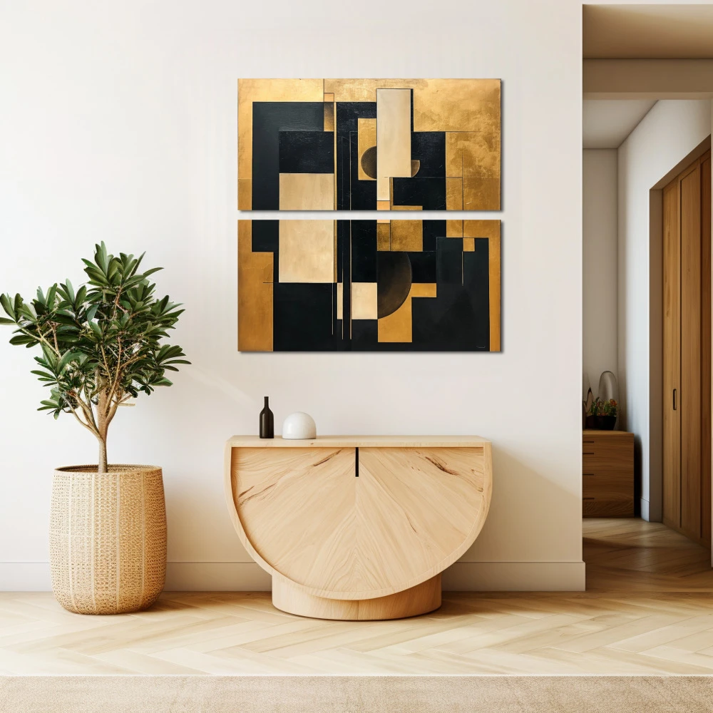 Wall Art titled: Golden Fragments of Eternity in a Square format with: Golden, and Black Colors; Decoration the Beige Wall wall