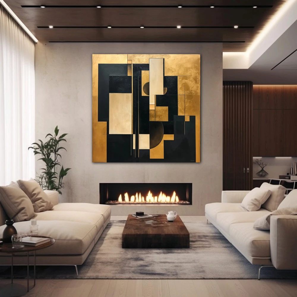 Wall Art titled: Golden Fragments of Eternity in a Square format with: Golden, and Black Colors; Decoration the Fireplace wall