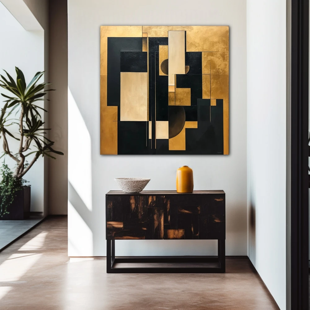 Wall Art titled: Golden Fragments of Eternity in a Square format with: Golden, and Black Colors; Decoration the Entryway wall