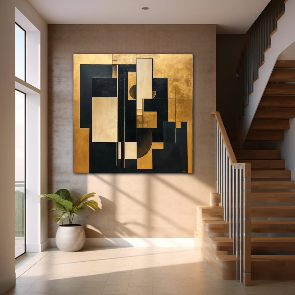 Wall Art titled: Golden Fragments of Eternity in a Square format with: Golden, and Black Colors; Decoration the Staircase wall