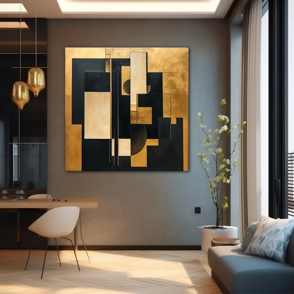Wall Art titled: Golden Fragments of Eternity in a Square format with: Golden, and Black Colors; Decoration the Grey Walls wall