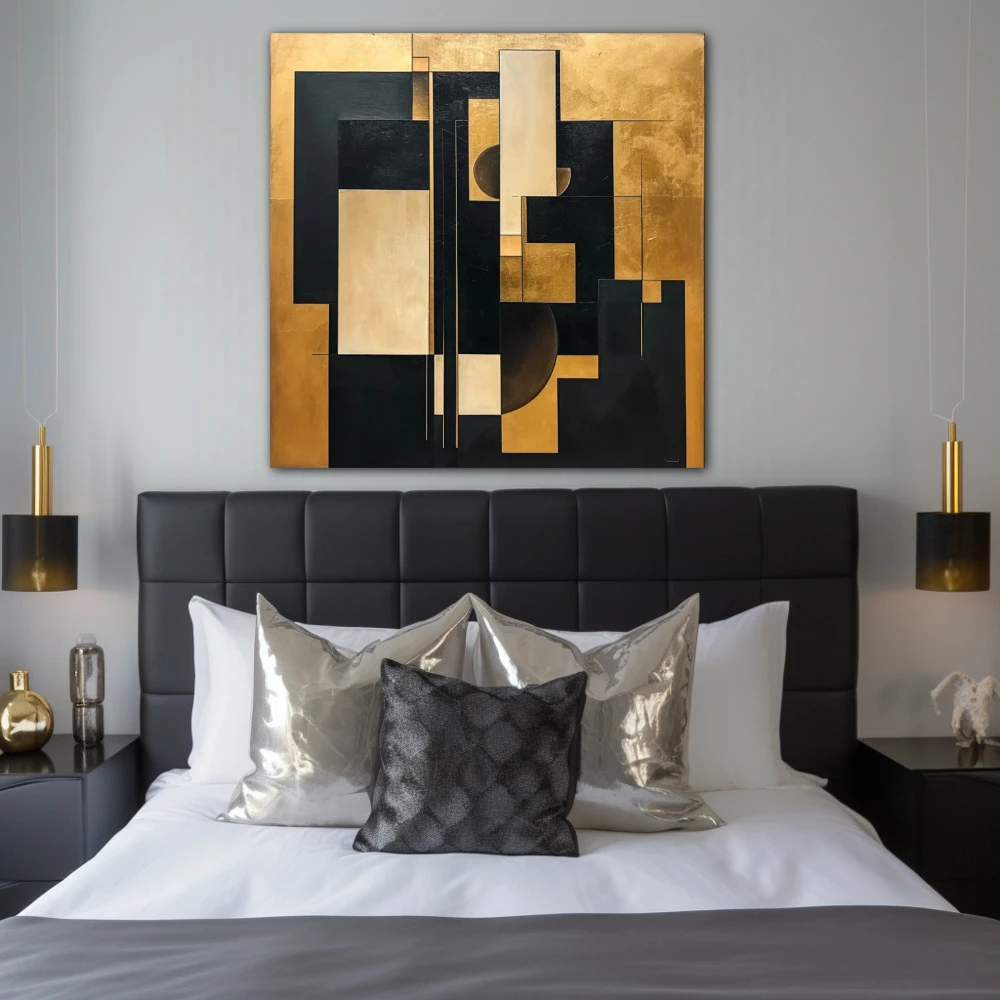 Cuadro fragmentos dorados de eternidad en formato cuadrado con colores dorado, negro; decorando pared de habitación dormitorio