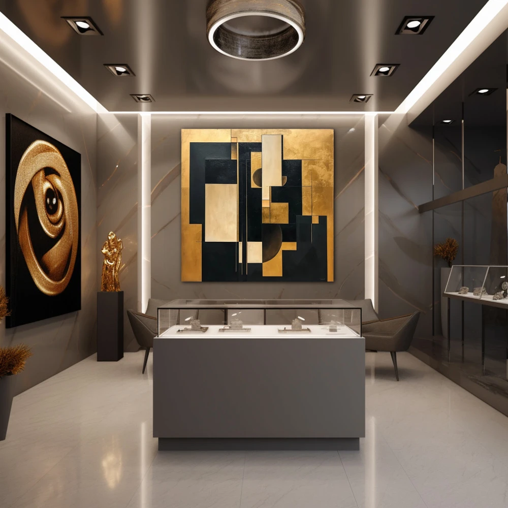 Wall Art titled: Golden Fragments of Eternity in a Square format with: Golden, and Black Colors; Decoration the Jewellery wall
