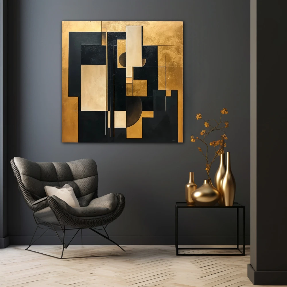 Wall Art titled: Golden Fragments of Eternity in a Square format with: Golden, and Black Colors; Decoration the Black Walls wall