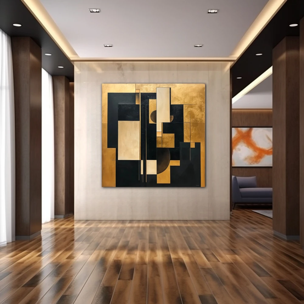 Wall Art titled: Golden Fragments of Eternity in a Square format with: Golden, and Black Colors; Decoration the Hallway wall