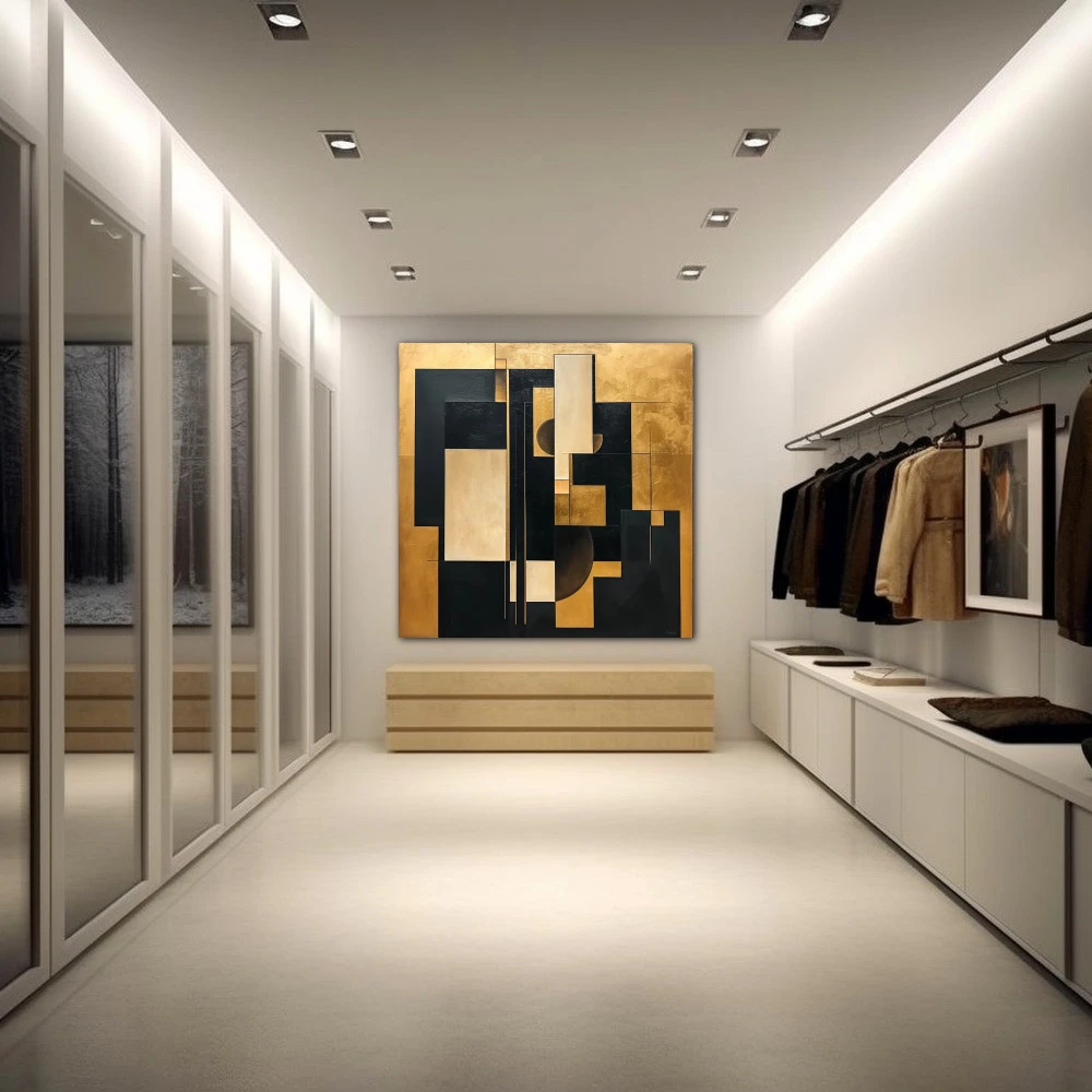 Wall Art titled: Golden Fragments of Eternity in a Square format with: Golden, and Black Colors; Decoration the Dressing Room wall