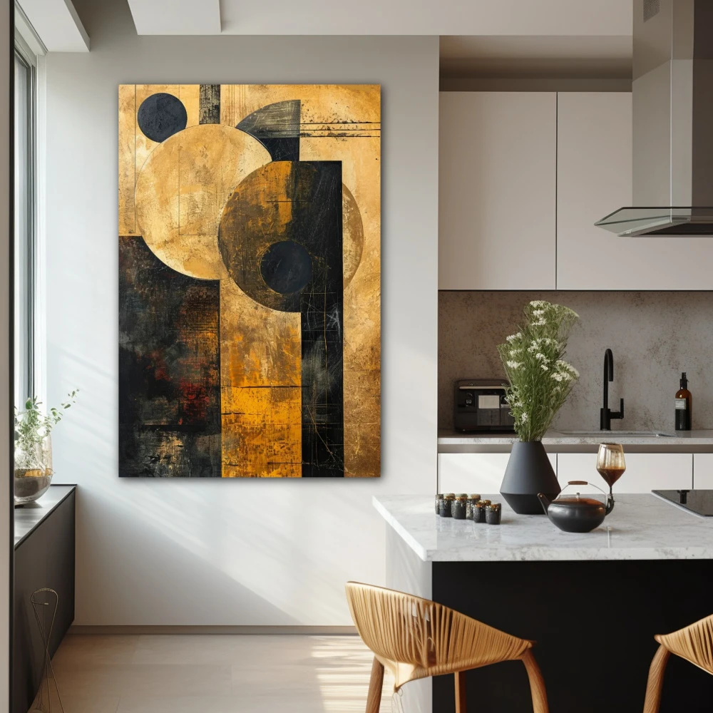 Cuadro amanecer dorado oculto en formato vertical con colores dorado, marrón, negro; decorando pared de cocina