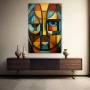 Wall Art titled: Decomposed Psyche in a Vertical format with: Blue, and Orange Colors; Decoration the Sideboard wall