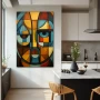 Wall Art titled: Decomposed Psyche in a Vertical format with: Blue, and Orange Colors; Decoration the Kitchen wall