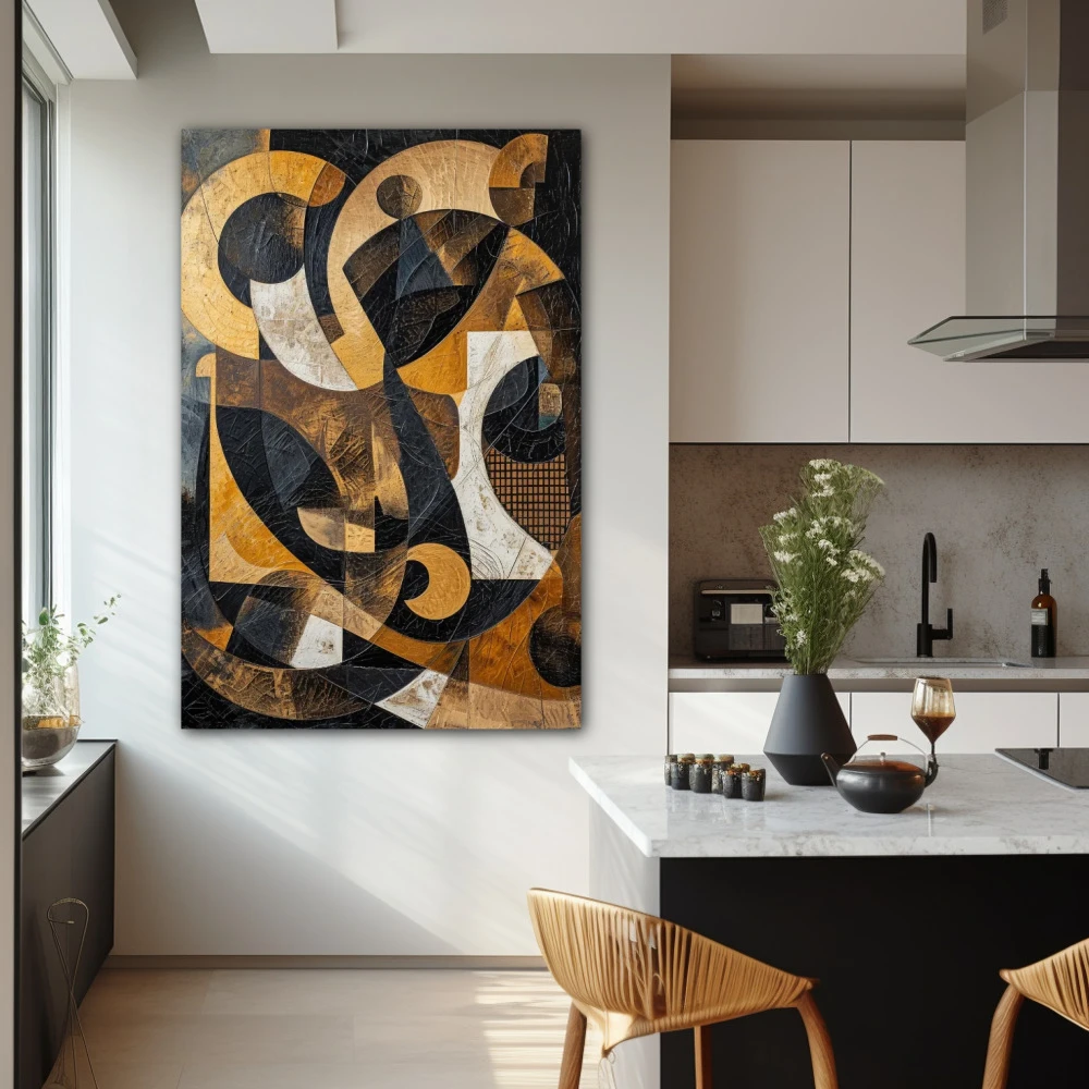 Cuadro fragmentos de una memoria en formato vertical con colores dorado, marrón, negro; decorando pared de cocina