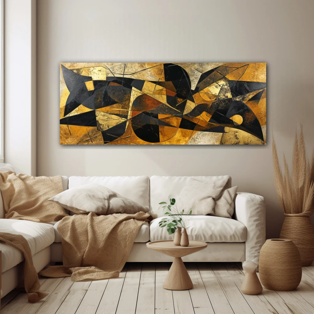 Wall Art titled: Fragments of a Dream in a Elongated format with: Golden, Brown, and Black Colors; Decoration the Beige Wall wall
