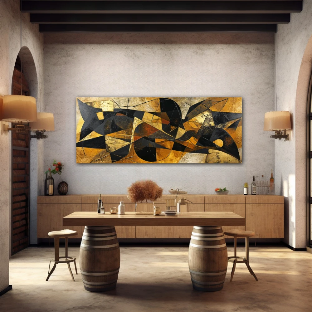 Wall Art titled: Fragments of a Dream in a Elongated format with: Golden, Brown, and Black Colors; Decoration the Winery wall
