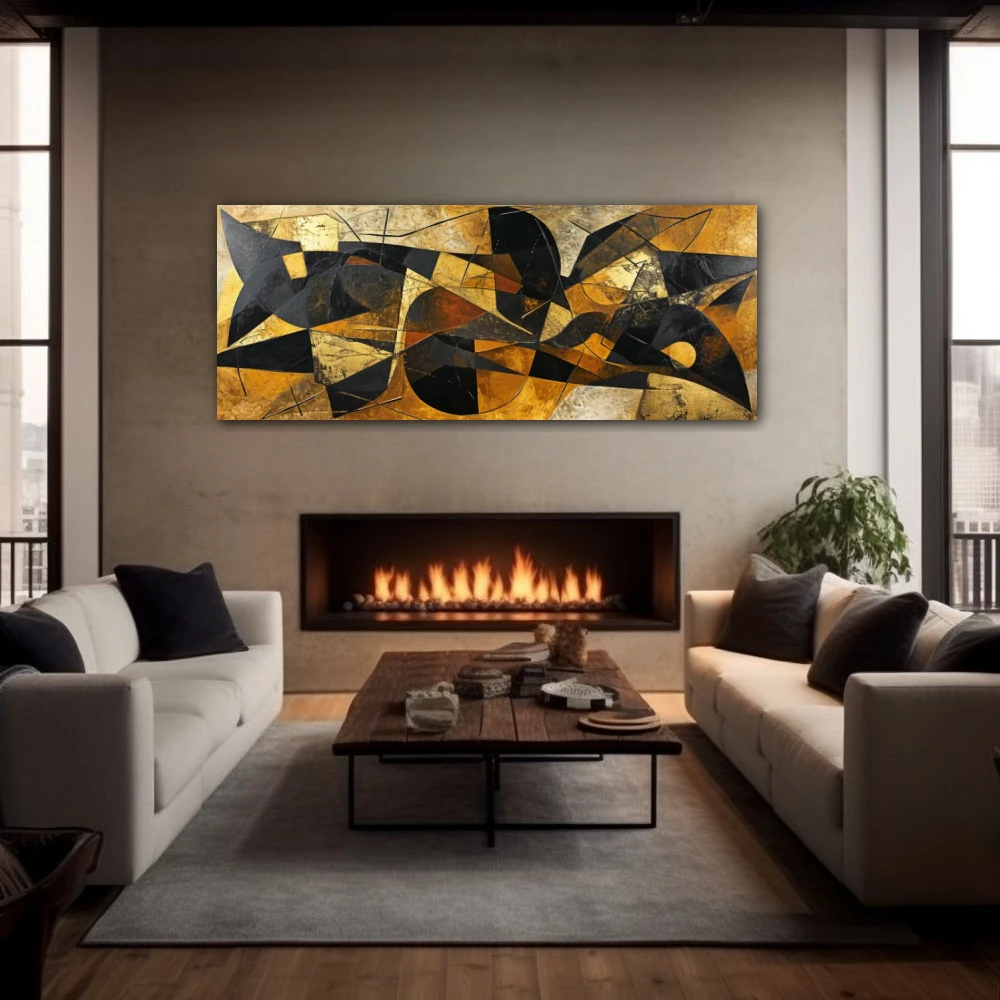 Wall Art titled: Fragments of a Dream in a Elongated format with: Golden, Brown, and Black Colors; Decoration the Fireplace wall