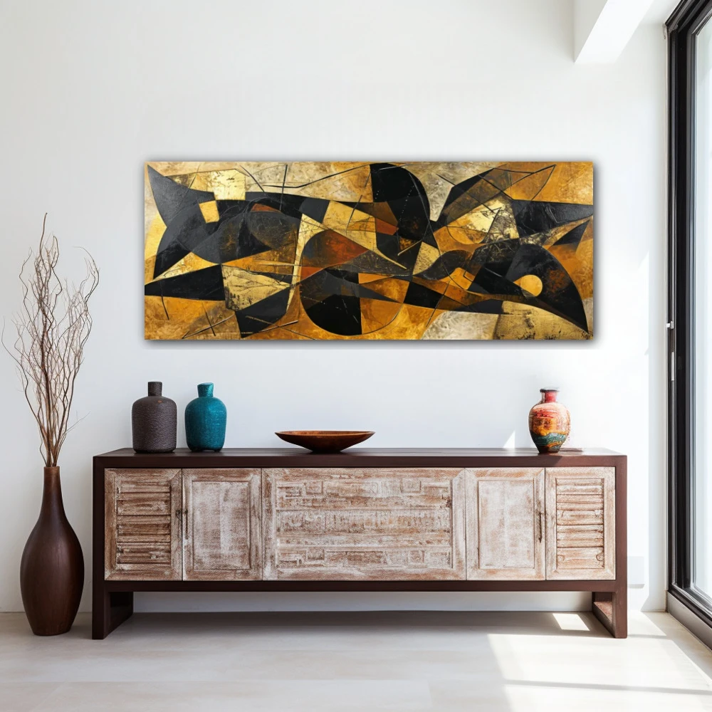 Wall Art titled: Fragments of a Dream in a Elongated format with: Golden, Brown, and Black Colors; Decoration the Entryway wall