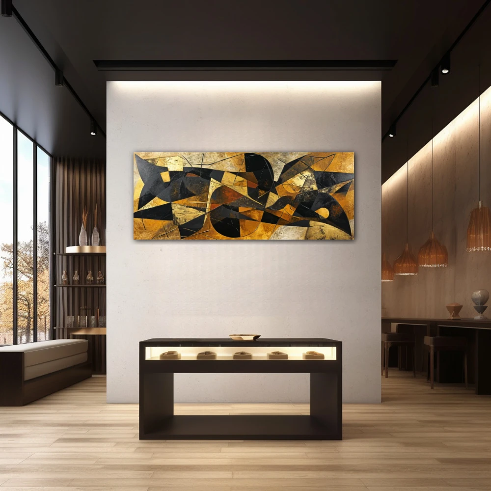 Wall Art titled: Fragments of a Dream in a Elongated format with: Golden, Brown, and Black Colors; Decoration the Jewellery wall