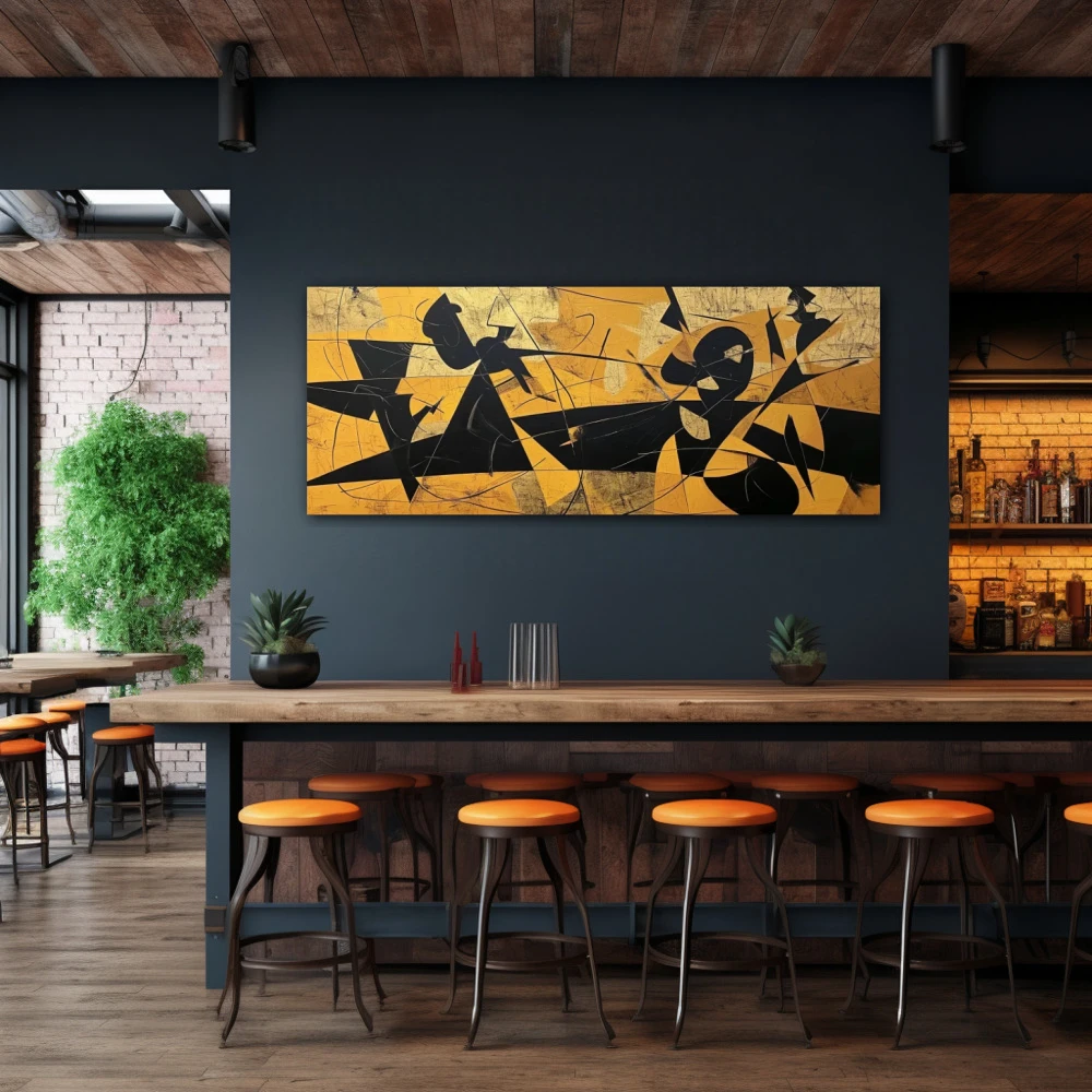 Wall Art titled: Visceral Emotions in a Elongated format with: Yellow, Mustard, and Black Colors; Decoration the Bar wall