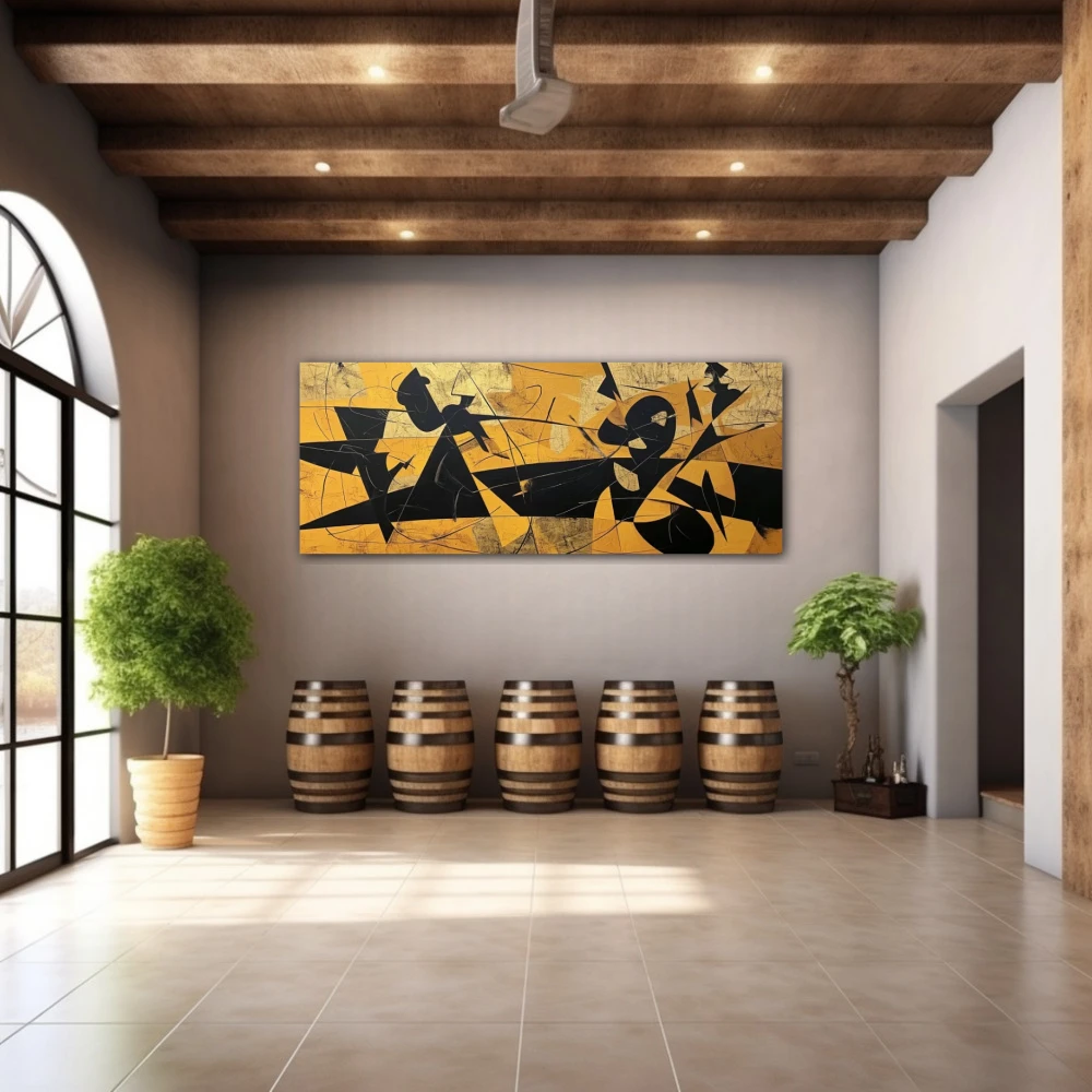 Wall Art titled: Visceral Emotions in a Elongated format with: Yellow, Mustard, and Black Colors; Decoration the Winery wall