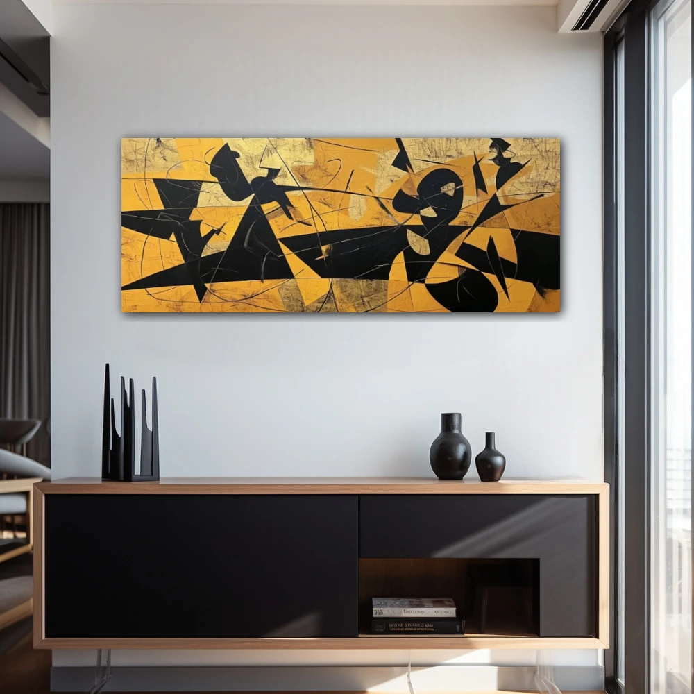 Wall Art titled: Visceral Emotions in a Elongated format with: Yellow, Mustard, and Black Colors; Decoration the Entryway wall