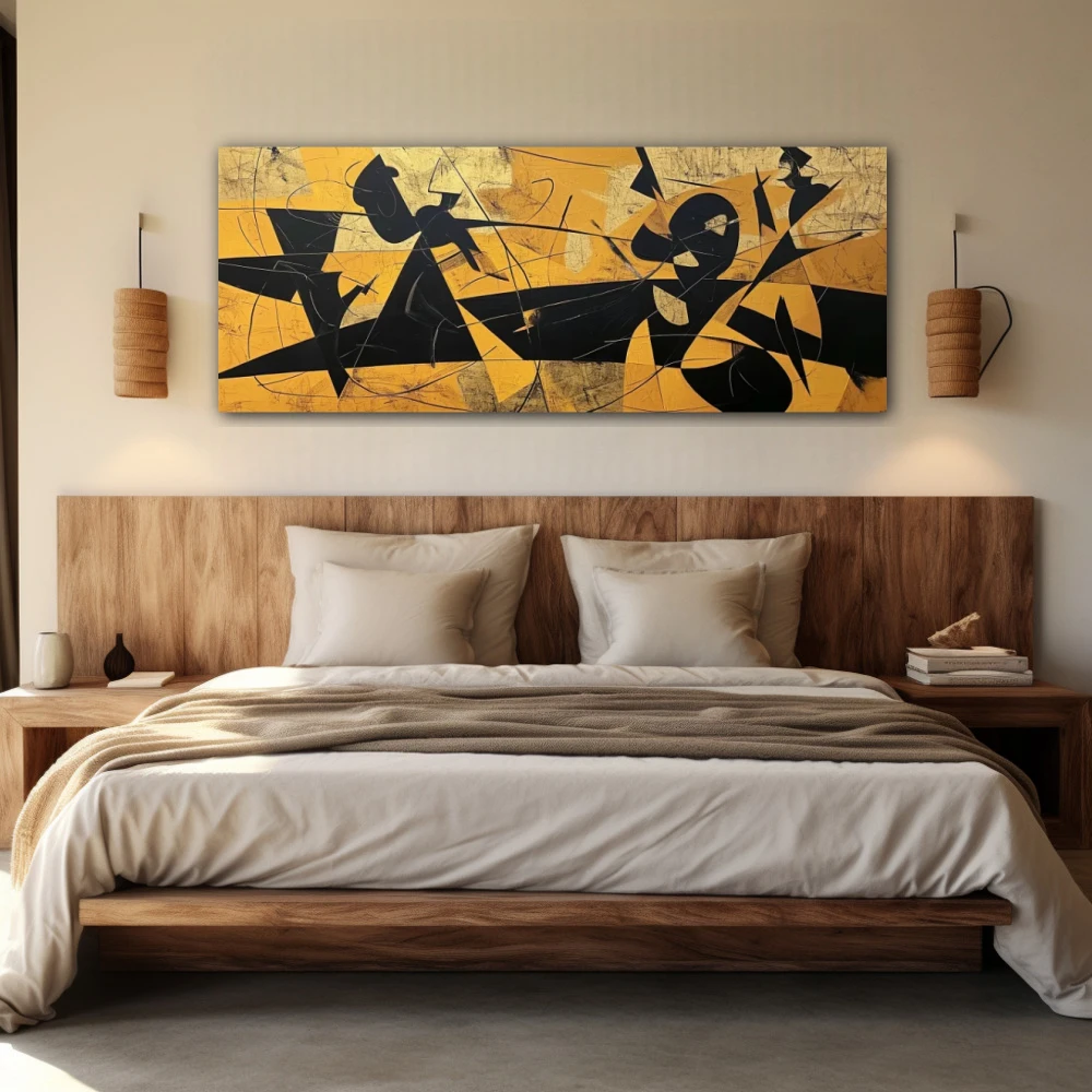 Cuadro emociones viscerales en formato apaisado con colores amarillo, mostaza, negro; decorando pared de habitación dormitorio