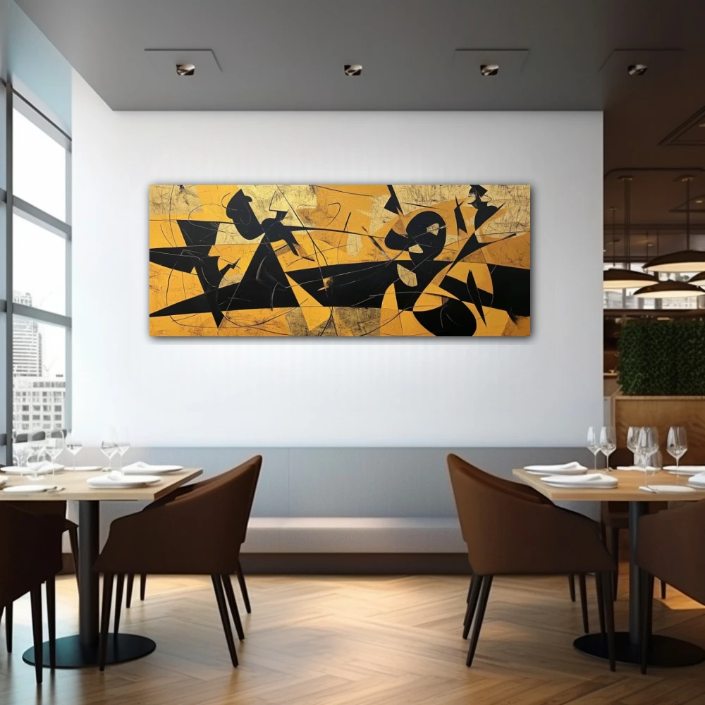Cuadro emociones viscerales en formato apaisado con colores amarillo, mostaza, negro; decorando pared de restaurante