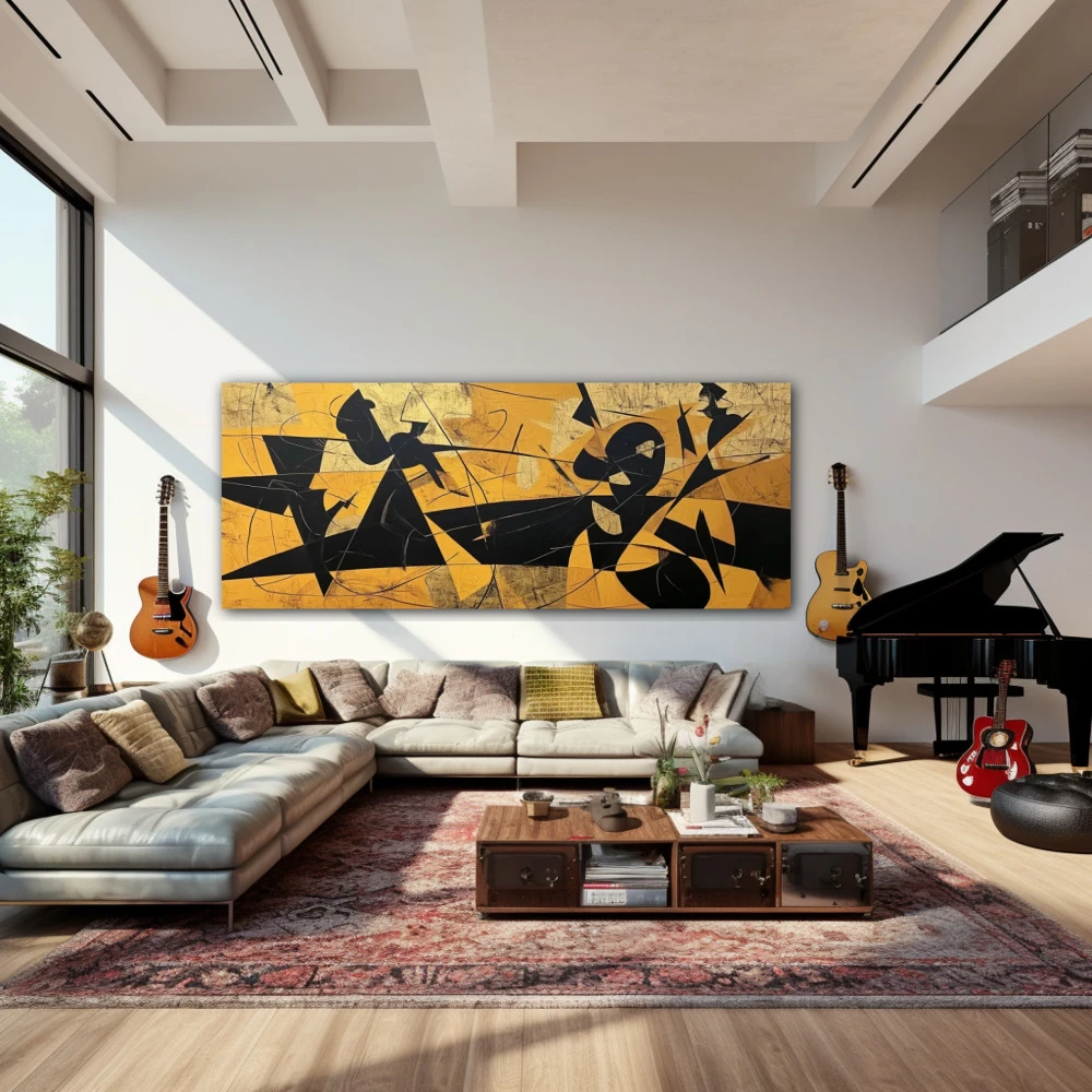 Wall Art titled: Visceral Emotions in a Elongated format with: Yellow, Mustard, and Black Colors; Decoration the Living Room wall