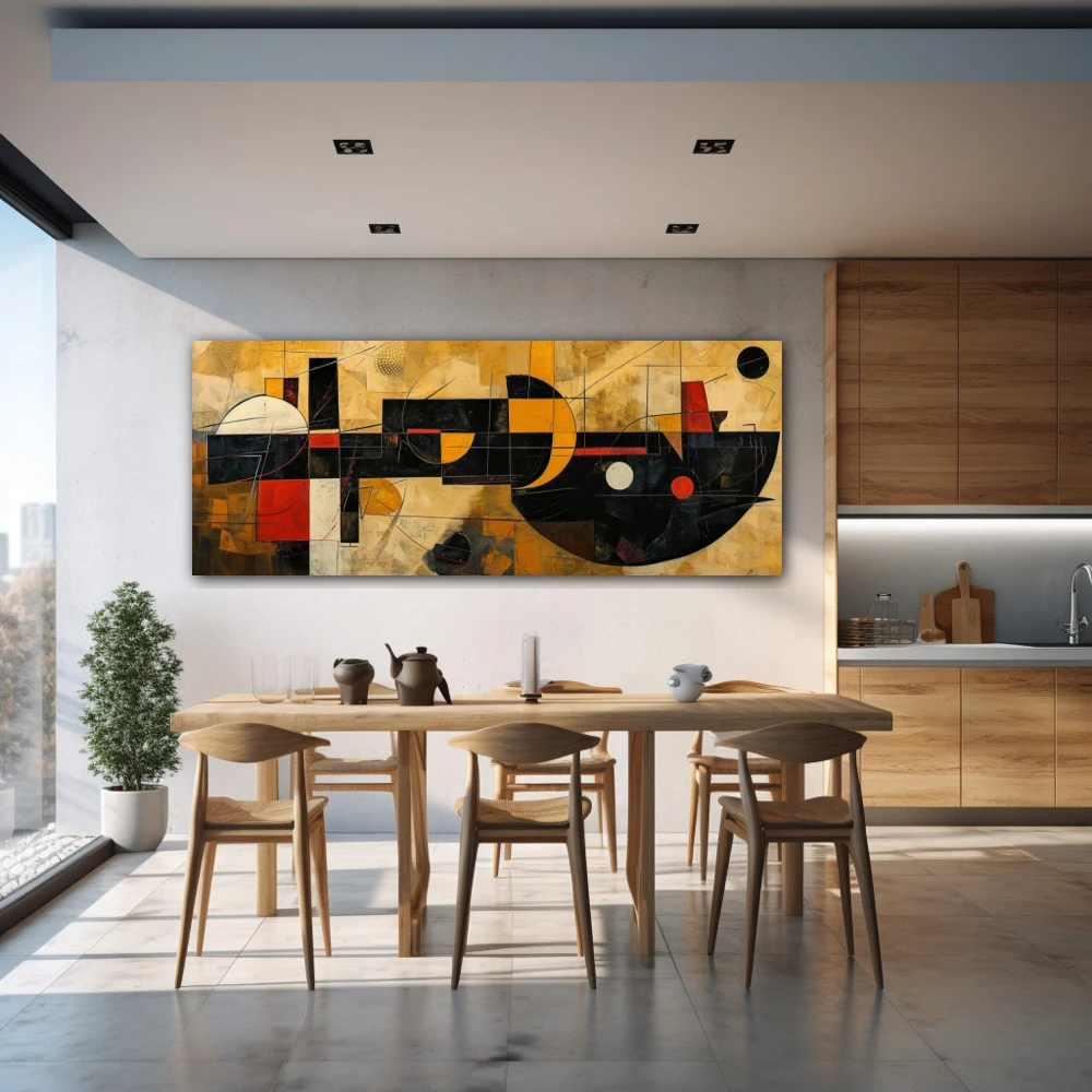 Wall Art titled: Reflections of a Divergent Cosmos in a Elongated format with: Brown, Mustard, and Black Colors; Decoration the Kitchen wall
