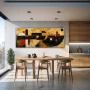 Wall Art titled: Reflections of a Divergent Cosmos in a Elongated format with: Brown, Mustard, and Black Colors; Decoration the Kitchen wall