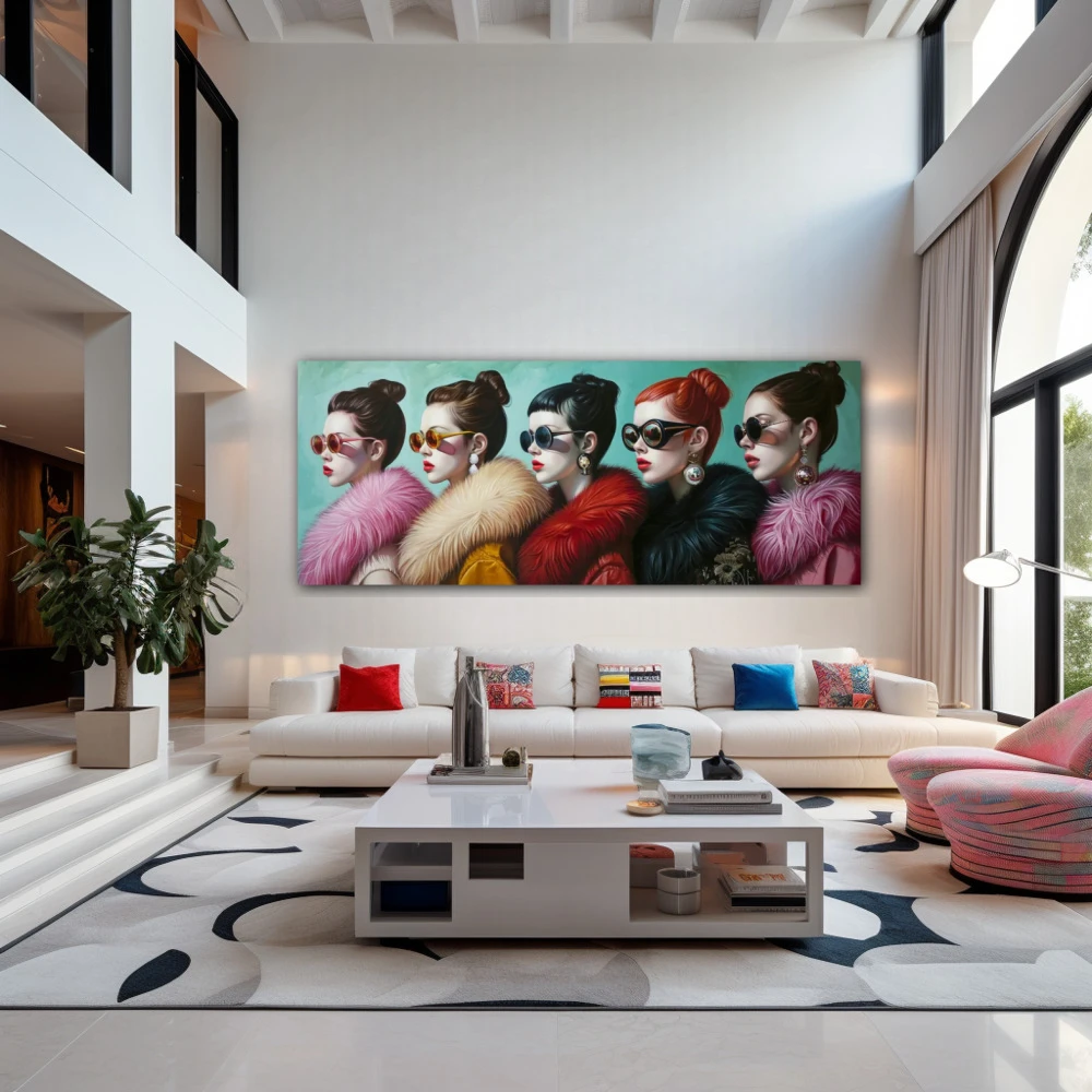 Wall Art titled: Divas of the Century in a Elongated format with: Purple, Red, and Pastel Colors; Decoration the Living Room wall
