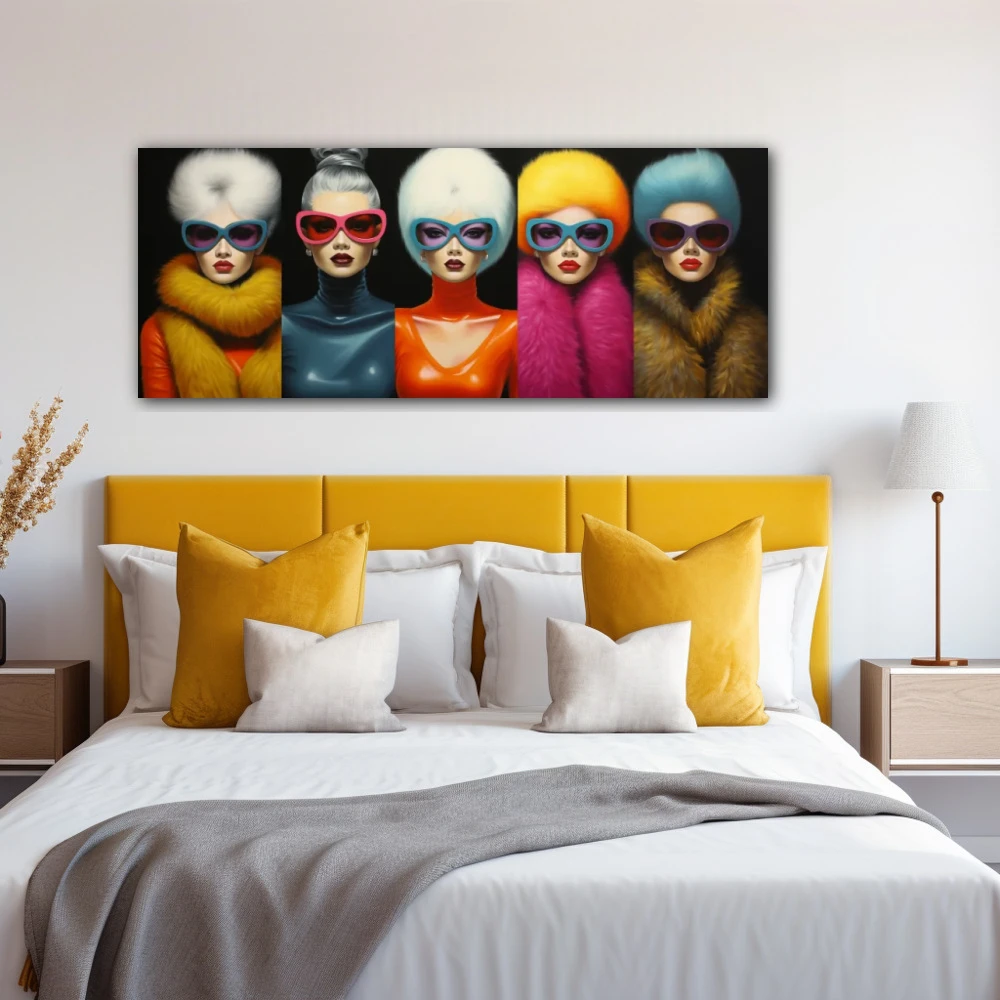 Wall Art titled: Symphony of Bold Styles in a Elongated format with: Blue, Orange, and Pink Colors; Decoration the Bedroom wall