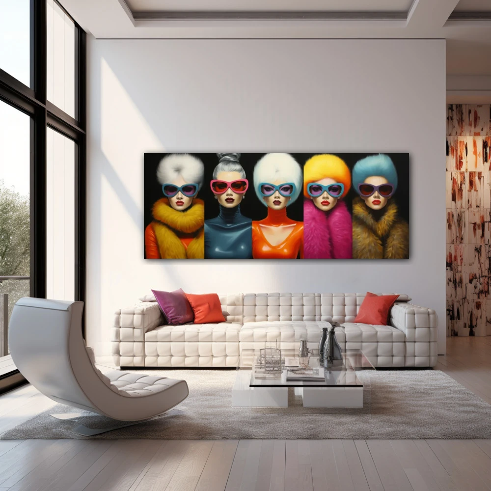 Wall Art titled: Symphony of Bold Styles in a Elongated format with: Blue, Orange, and Pink Colors; Decoration the Living Room wall