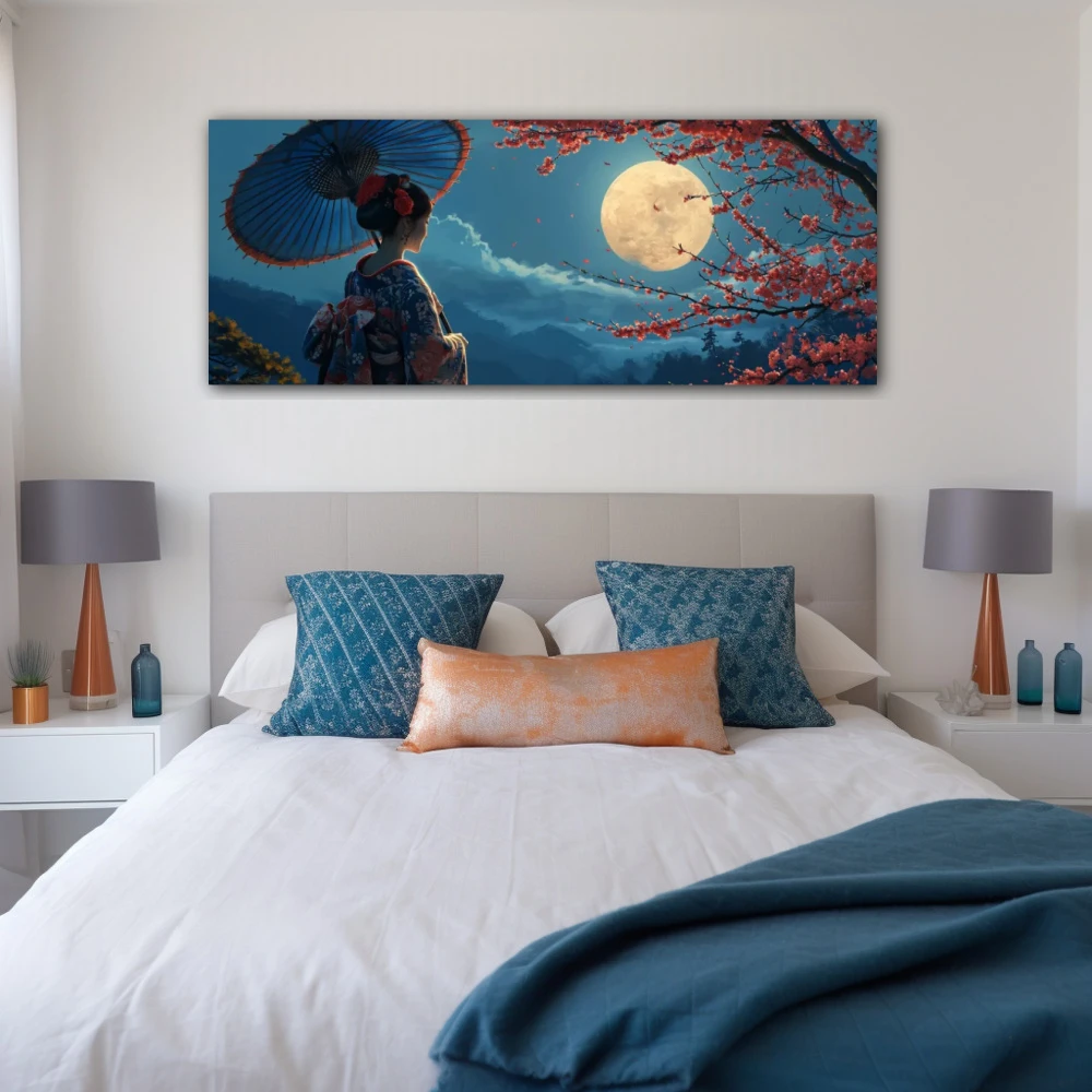 Wall Art titled: Shadows of Sakura in a Elongated format with: Sky blue, and Red Colors; Decoration the Bedroom wall