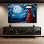 Wall Art titled: Oriental Moon in a Horizontal format with: Blue, and Red Colors; Decoration the Sideboard wall