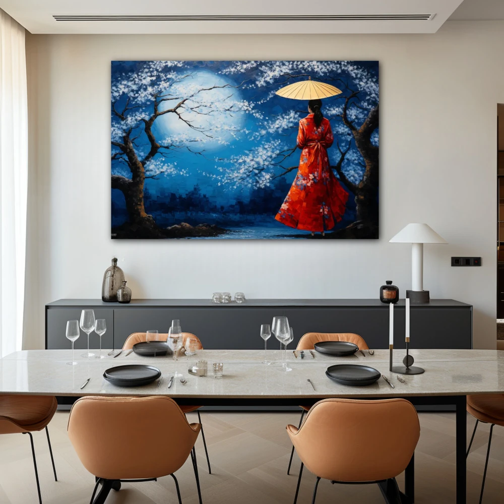 Cuadro luna de oriente en formato horizontal con colores azul, rojo; decorando pared de salón comedor