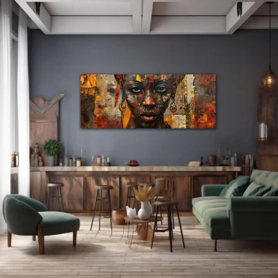 Wall Art titled: Songs of the Skin in a Elongated format with: Brown, and Mustard Colors; Decoration the Bar wall