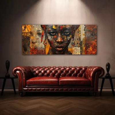 Wall Art titled: Songs of the Skin in a Elongated format with: Brown, and Mustard Colors; Decoration the Above Couch wall