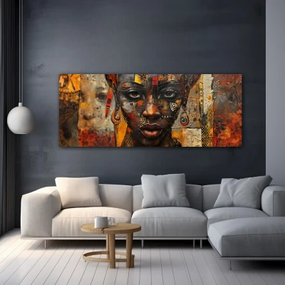 Wall Art titled: Songs of the Skin in a Elongated format with: Brown, and Mustard Colors; Decoration the Grey Walls wall